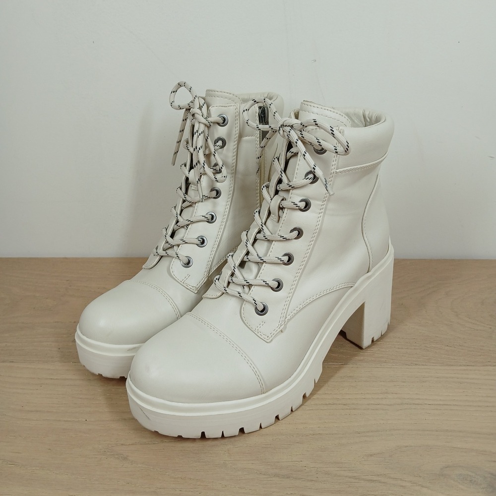 Nine West Combat Boots Women 8M Cream Faux Leather Platform Block Heel Zip Lug